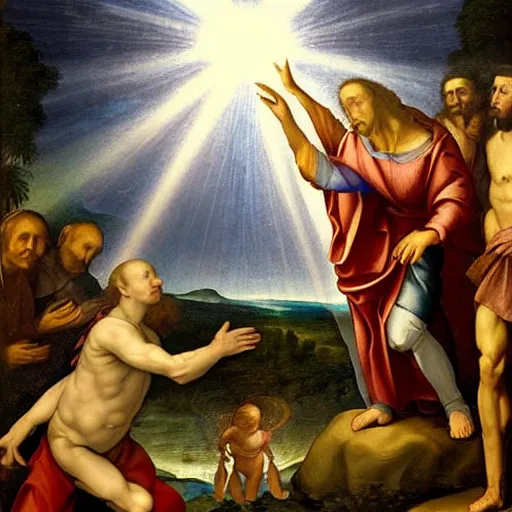 Prompt: a renaissance painting of a ufo beaming a ray of light down at the baptism of Christ. (1710)