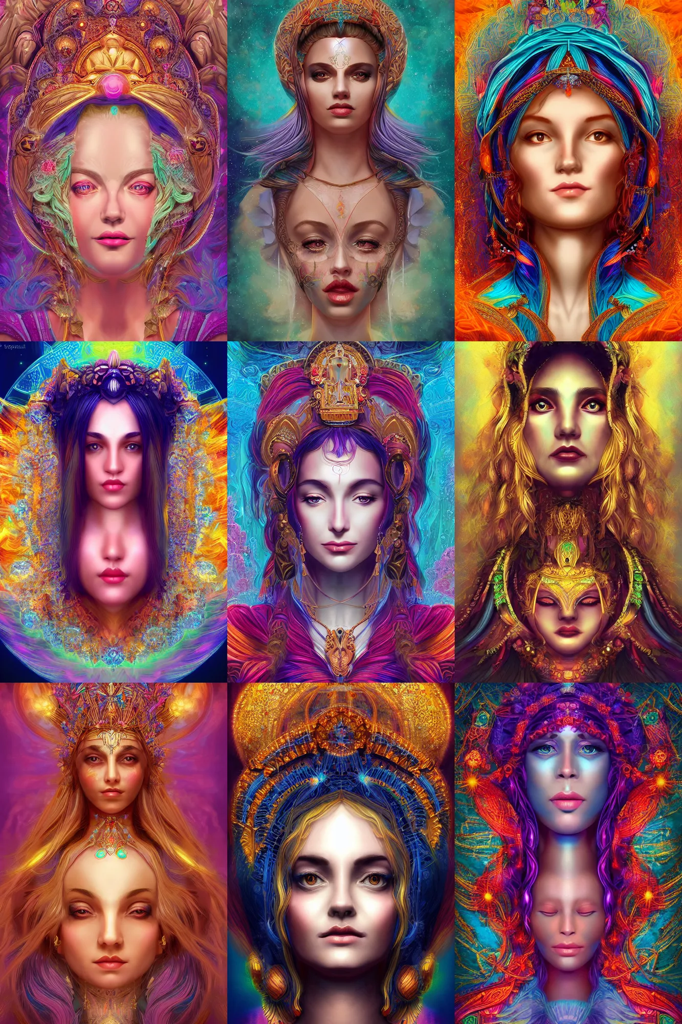 Prompt: symmetric portrait of the goddess of dreams. divine, vibrant, high quality digital art, trending on artstation, crisp, intricate details, beautiful, subsurface scattering, fractals
