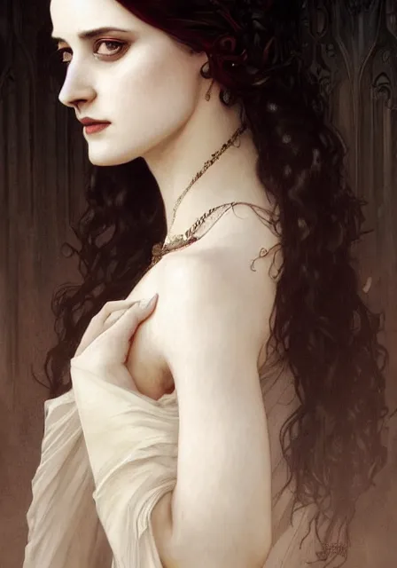 Prompt: sansa eva green gothic, intricate, elegant, highly detailed, digital painting, artstation, concept art, smooth, sharp focus, illustration, art by artgerm and greg rutkowski and alphonse mucha and william - adolphe bouguereau