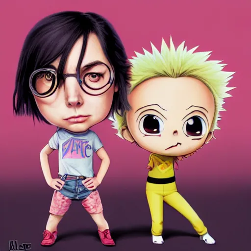 Prompt: an epic chibi comic book style portrait painting of ( aubrey plaza ) and ( billie eilish ) and ( billy idol ), character design by mark ryden and pixar and hayao miyazaki, unreal 5, daz, hyperrealistic, octane render, cosplay, dynamic lighting, intricate detail, harvest fall vibrancy, cinematic