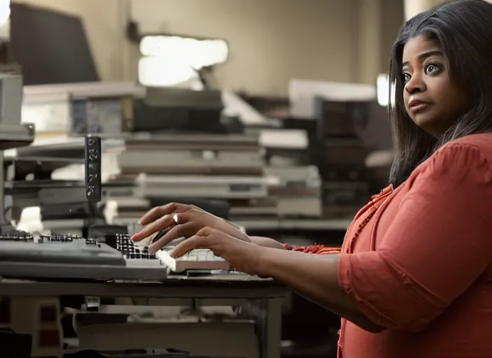 Prompt: cinematic shot of octavia spencer in an small used electronics store hands on an old electronic keyboard, iconic scene from the paranoid thriller sci fi film directed by pt anderson, anamorphic lens, beautiful composition, moody dark overhead lighting, color theory, leading lines, photorealistic, volumetric lighting, kodak film stock, hyper detailed 4 k image,