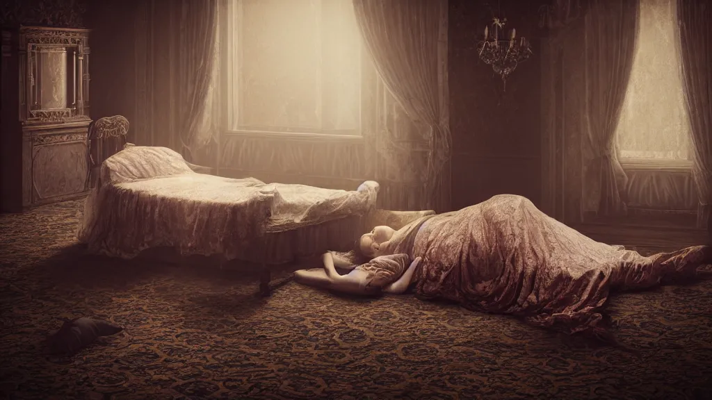 Prompt: Sleep paralisys of a woman lying down in a victorian bed in a antique room, Hyper realistic, Dark-Art, 8K, concept art, filmic, HDR, volumetric lighting, highly detailed, cinematic lighting, artstation, vibrant nature, volumetric light, octane render, redshift render, camera close up, rich deep moody colors, ultra realistic