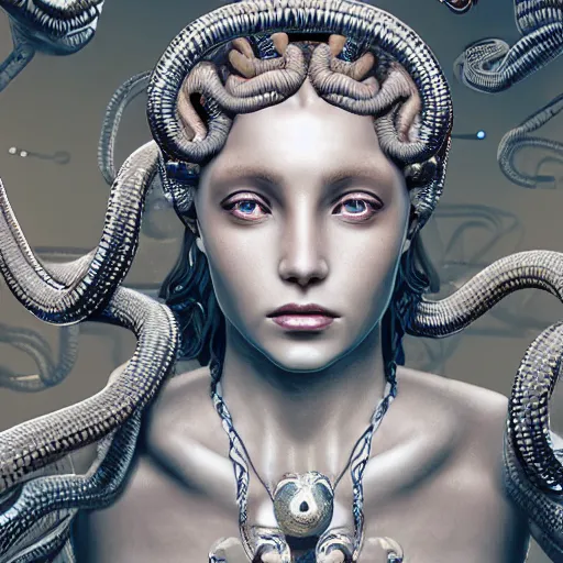 Image similar to portrait of gorgon medusa with cybernetic implants, highly detailed, cinematic quality, 8k