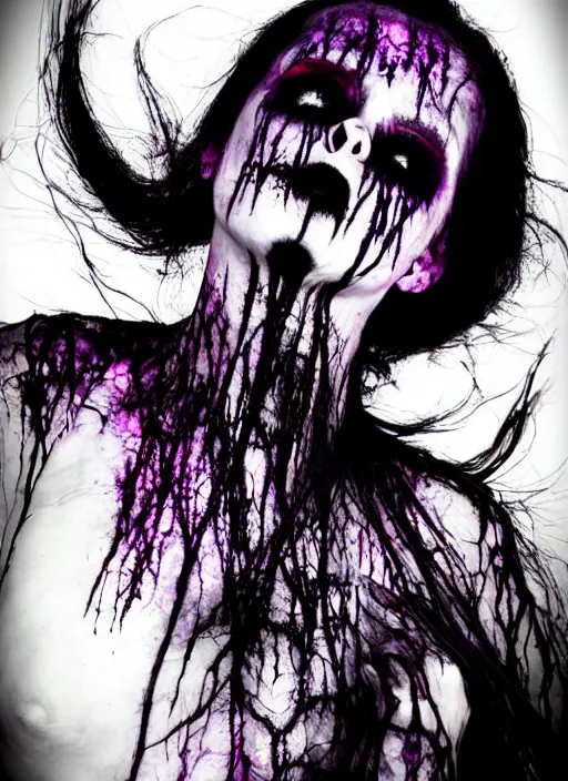 Prompt: gothic soul - spirit with galaxy dead eyes, random decor of necro blast, psycho colors veins, realistic flavor, twisted sorrow fade soft, award winning photoshoot, screamlord hardship