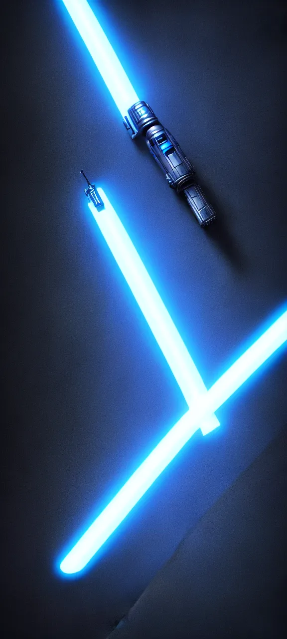 Image similar to detailed cinematic render, of a blue cyberpunk lightsaber lying vertically on a glossy black floor, in a dark room, photo from above, octane render 8 k, digital art, lightsaber wallpaper 4 k, ray tracing, jedi fallen order lightsaber wallpaper 4 k, cal kestis lightsaber wallpaper