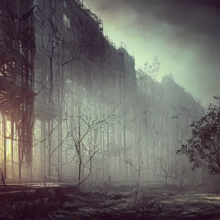 Image similar to a beautiful painting of pripyat by greg rutkowski and zdzisław beksinski and rene magritte, in style of digital art. hyper detailed, sharp focus, soft light. unreal engine 5. ray tracing. trending on artstation