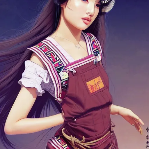 Image similar to a beautiful young japanese natalie portman alluring gravure model, wearing elaborate elegant designer overalls, elegant overalls with mesoamerican patterns, mesoamerican native street fashion, by akira toriyama and wlop and ilya kuvshinov and artgerm and, aesthetic, gorgeous, stunning, alluring, attractive, artstation, deviantart, pinterest, digital art