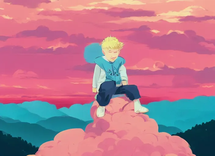 Image similar to a little boy with blonde hair sitting on a cloud in front of a pink and blue sunrise sky. clean cel shaded vector art. shutterstock. behance hd by lois van baarle, artgerm, helen huang, by makoto shinkai and ilya kuvshinov, rossdraws, illustration, art by ilya kuvshinov