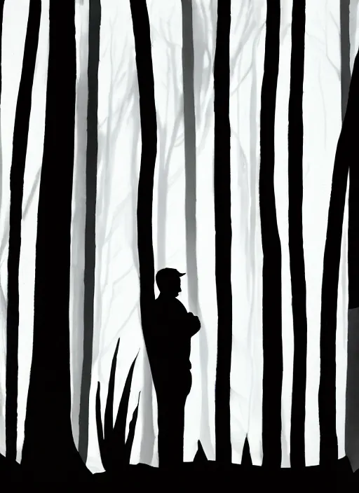 Image similar to a white silhouette of a man against a dark forest background, lots of plants, low light, oil painting