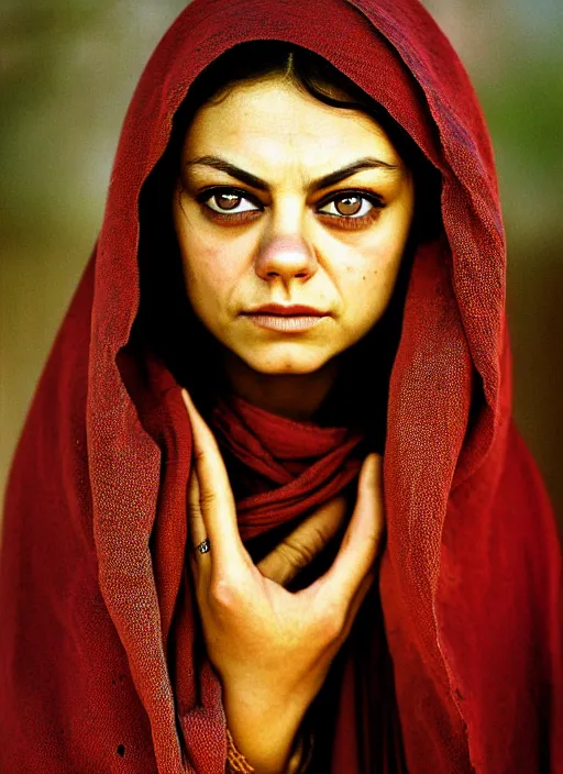 Prompt: portrait of mila kunis as afghan girl, photograph by steve mccurry