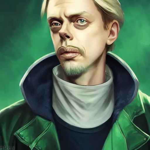 Prompt: beautiful portrait commission of a cute steve buscemi casual clothes in a futuristic mechanical laboratory coat. blonde hair. Green Eyes. character design by charlie bowater, ross tran, artgerm, and makoto shinkai, detailed, inked, western comic book art