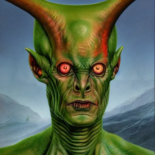 Prompt: realistic alien medium shot portrait with horns, green head. red eyes, human eyes, background flames, by wayne barlowe