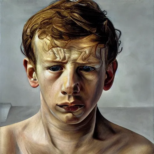 Image similar to high quality high detail painting by lucian freud, hd, portrait of a stressed boy, worried, sad, photorealistic lighting