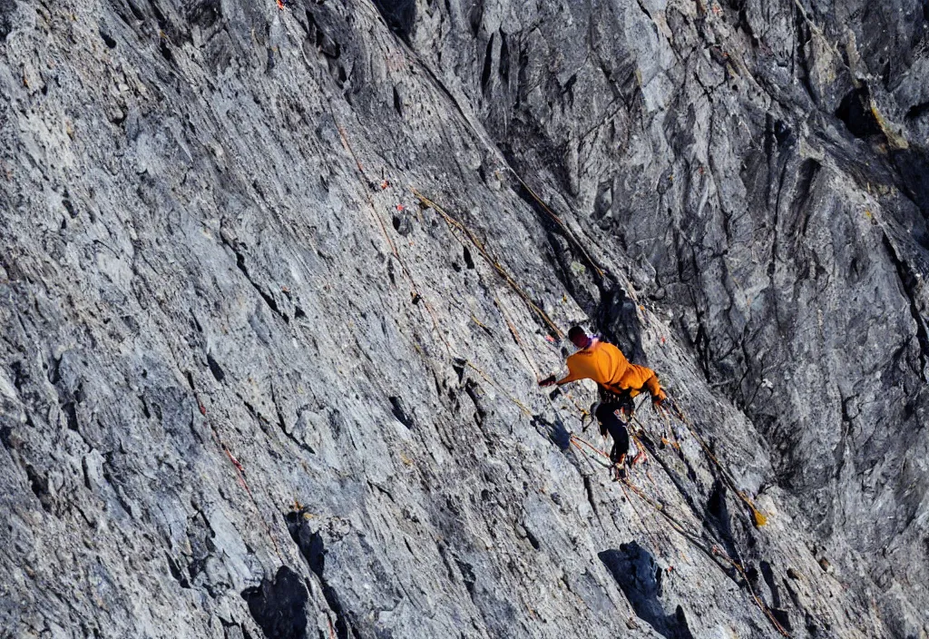 Image similar to telelens shot of a mountain climber free soloing a very steep mountain made up entirely out of french fries, sports photo,