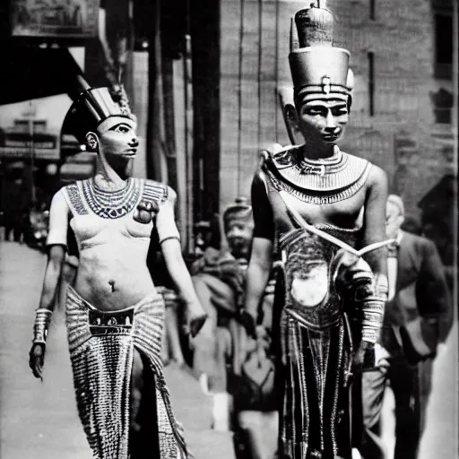 Prompt: a candid photograph taken of queen nefertiti and tutankhamun walking down a new york street yesterday by paparazzi, dslr