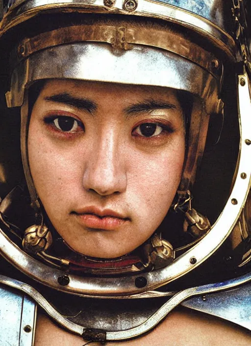 Prompt: close - up portrait of female roman gladiator with helmet and armor, color photograph by nobuyoshi araki