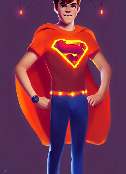 Image similar to friendly teenage archie andrews wearing an orange superhero costume with heart logo, freckles, superhero costume, heart emblem on chest, cape, intricate, elegant, glowing lights, highly detailed, digital painting, artstation, sharp focus, illustration, art by wlop, mars ravelo and greg rutkowski