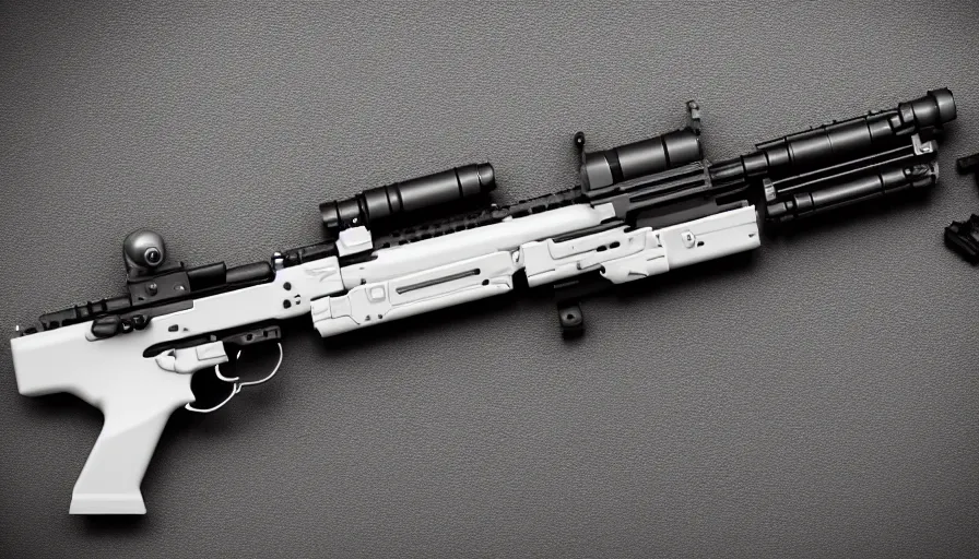 Prompt: extremely detailed realistic side view of a sci fi light machine gun, detailed trigger, chemically propelled, pattery powered, smooth streamline, battery and wires, railgun, tribarrel, gauss, elegant sleek smooth body, white paint, smooth utopian design, ultra high quality, minimalist, octane, cod, destiny, warframe, terminator