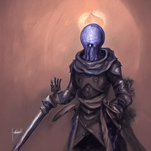 Prompt: squidward as a dark souls boss by Francisco Rossi