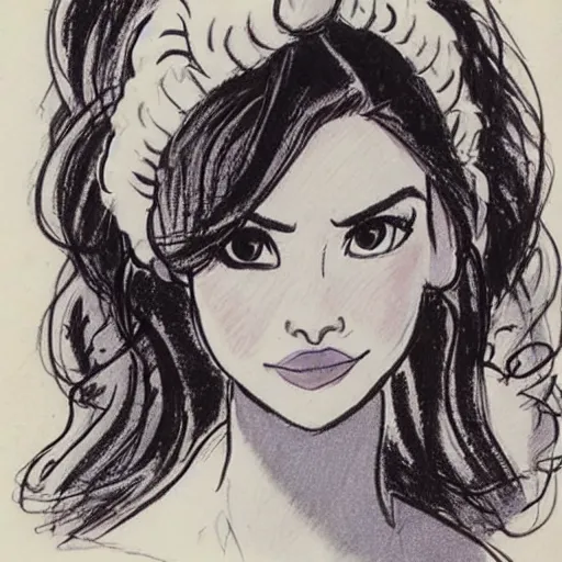 Image similar to milt kahl sketch of vanessa hudgeons with done up hair, tendrils covering face and ponytail as princess padme from star wars episode 3