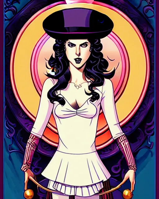 Prompt: beautiful Anna Kendrick Zatanna DC Comics floating on stage, wearing a top hat, symmetrical face symmetrical eyes, smiling, fantasy, intricate details, atmospheric, art by eiichiro oda, Joshua Middleton art