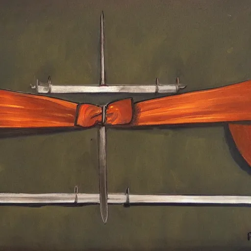 Image similar to painting of a bow on a weapons rack