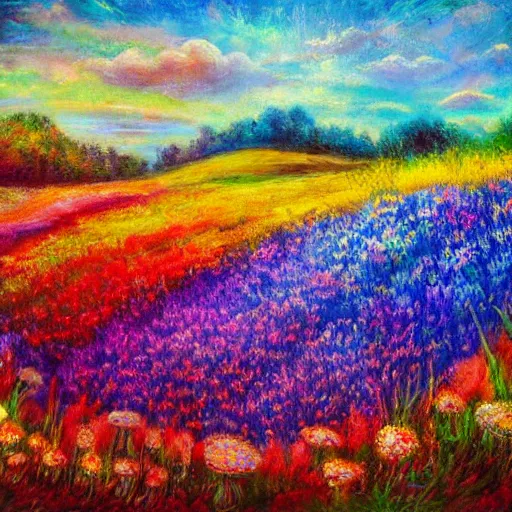 Image similar to an impressionist painting of a gorgeous meadow filled with colorful mushrooms with a stream flowing through it, psychedelic colors, colorful sky in background, high detail, trending on artstation