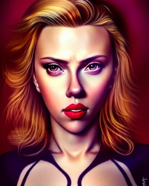 Image similar to full body gorgeous Scarlett Johansson, realistic character concept, arm tattoo sleeves, full body pose, autumn, makeup, shorter neck, illustration, symmetrical eyes and body, cinematic lighting, detailed realistic symmetrical eyes, artgerm, Joshua Middleton, single face, insanely detailed and intricate, beautiful