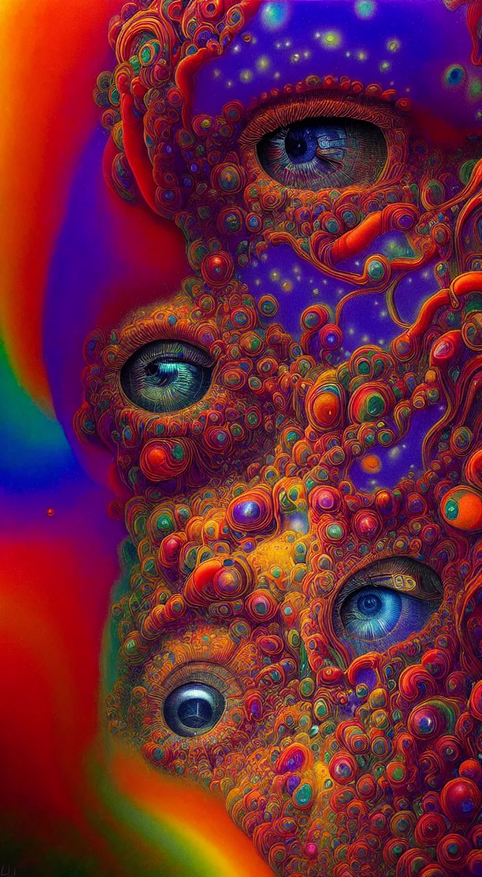 Image similar to hyperrealistic abstract close-up Renaissance psychedelic!! celestial happy! pure creature!! peaceful! kind spirit of nature! beautiful fractal!! eyes! highly detailed concept art eric zener elson peter cinematic hard rainbow lighting high angle hd 8k sharp shallow depth of field endless, inspired by Zdzisław Beksiński Salvador Dali