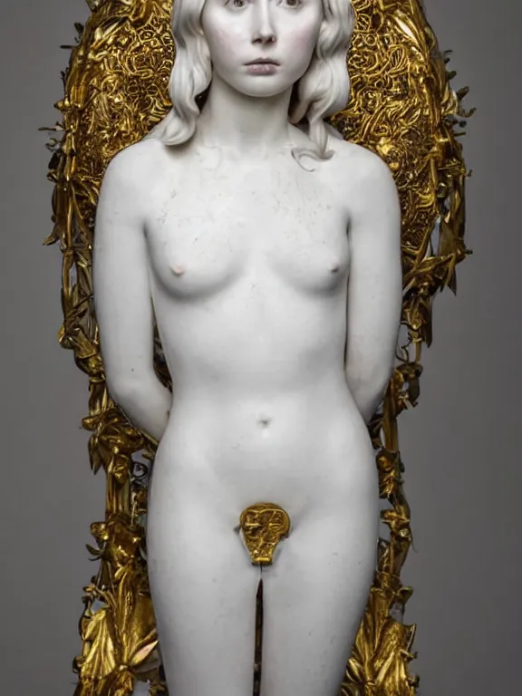 Image similar to a dramatically lit art nouveau white marble head and torso sculpture of a worried young karen gillan as joan of arc, wearing intricate gold plate armor on her chest, delicate, intricate, smooth, beautiful, glowing, by charles van der stappen