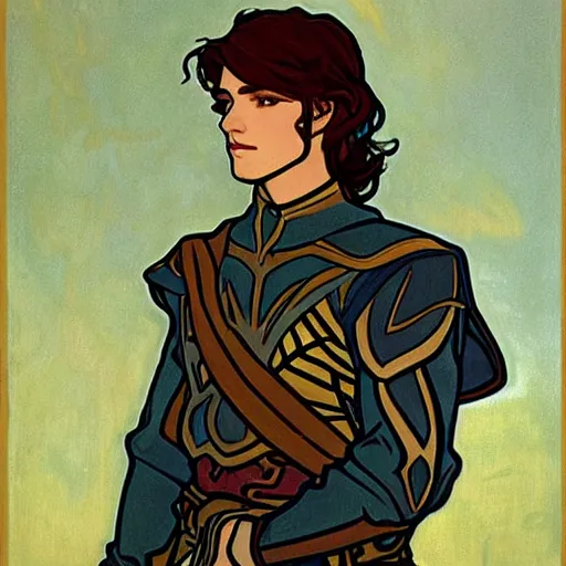 Image similar to painting of young handsome beautiful paladin elf!! man with long wavy dark hair in his 2 0 s named shadow taehyung at the blueberry party, wearing armor!, elegant, clear, painting, stylized, delicate, soft facial features, art, art by alphonse mucha, vincent van gogh, egon schiele,