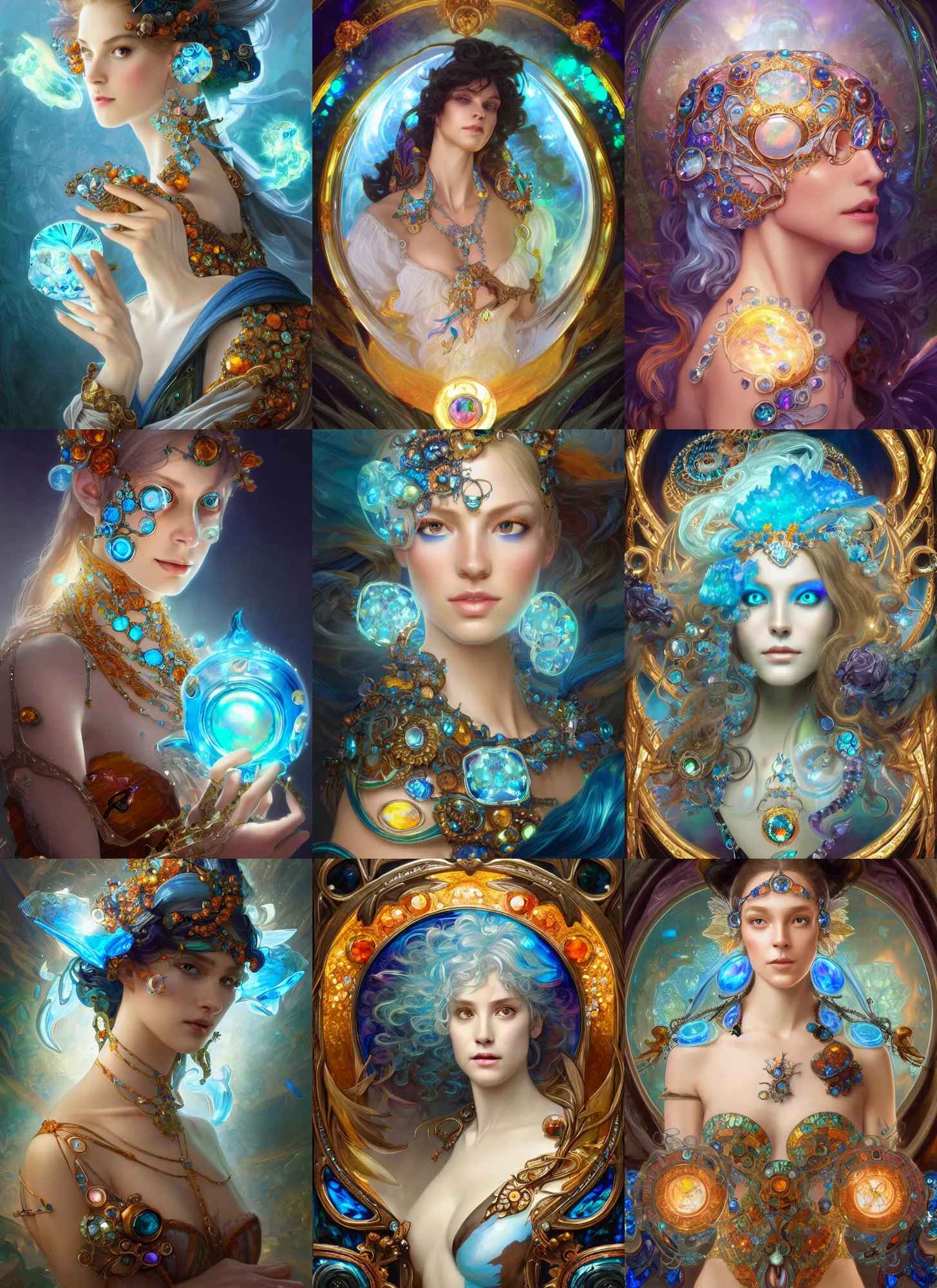 Prompt: ecopunk rococo, iridescent diaphanous refractive and reflective crystal crystalline pearly, opal and blue topaz and amber and onyx colors, fantasy, intricate, elegant, highly detailed, digital painting, artstation, concept art, matte, sharp focus, illustration, hearthstone, art by artgerm and greg rutkowski and alphonse mucha