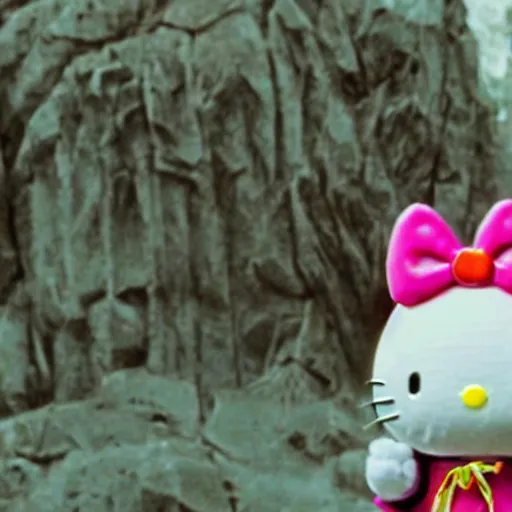 Image similar to portrait of laughing Gandalf dressed up as hello kitty, movie still from Lord of the Rings