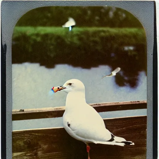 Prompt: photo polaroid of a seagull sitting on fence Norman Rockwell