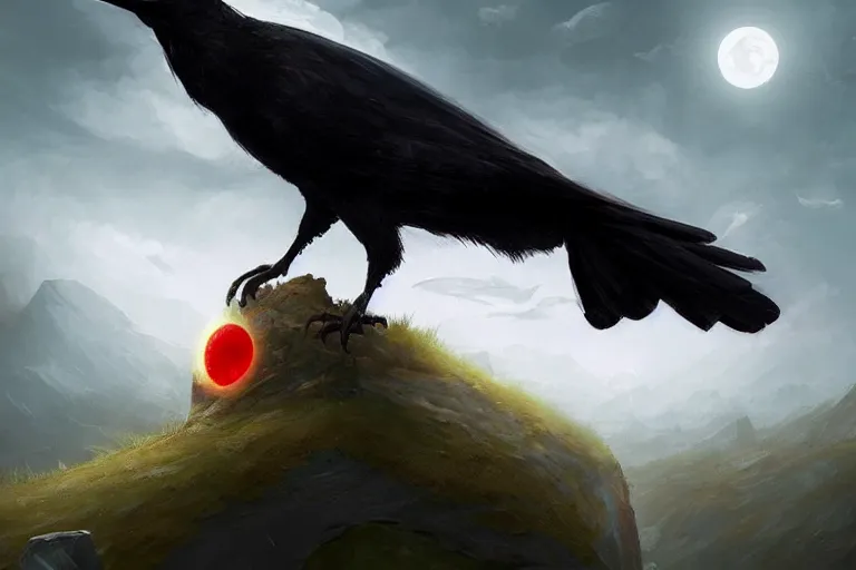 Prompt: red - eyed scary gigantic crow standing on top of a hill, looking down, cloudy sky in the background, digital painting, epic, pokemon style, earth type pokemon, smooth, trending on artstation, professional painting, made by greg rutkowski