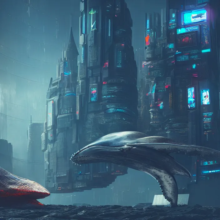 Image similar to A cyberpunk castle sitting on a whale, hard sci-fi,global illumination, physically based rendering, photoreal, small details, intricate, science fiction fantasy