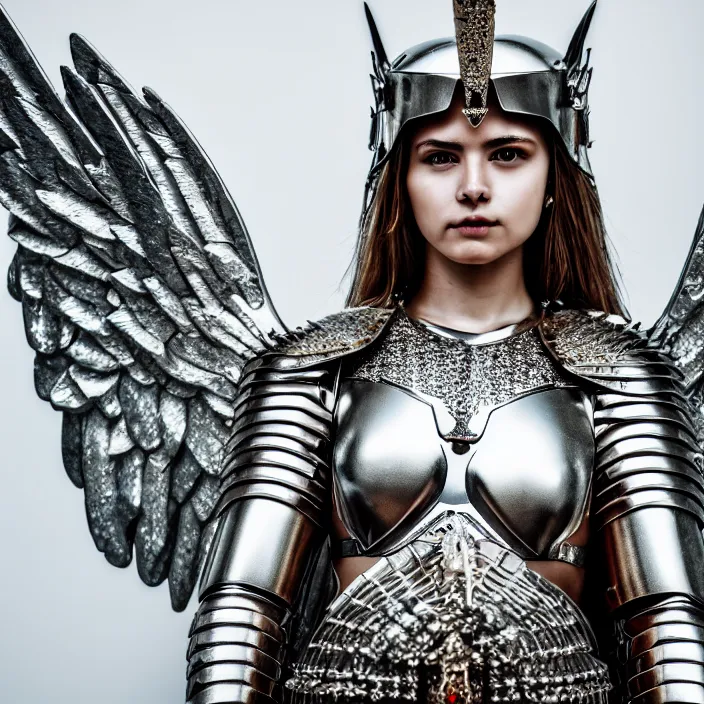 Prompt: photo of an angel warrior queen wearing diamond encrusted armour, highly detailed, 4 k, hdr, smooth, sharp focus, high resolution, award - winning photo
