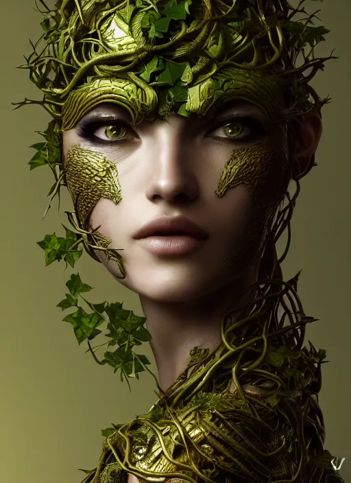 Prompt: front view portrait of a beautiful oriental cyborg warrior woman, green eyes, gold lips, entwined in branches, ivy and vines, thorn crown, highly detailed, sci - fi, intricate, decadent, highly detailed, octane render, concept art, smooth, sharp focus, hyper - realistic