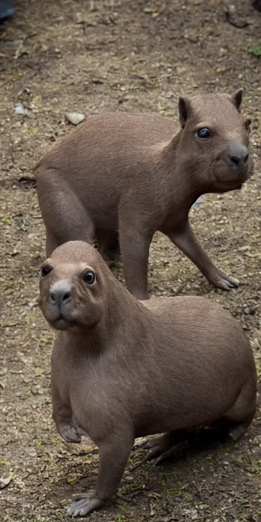 Prompt: a capibara wearing a high tech armor, with daring look on his face, cute and fierce, dramatic lighting, movie footage