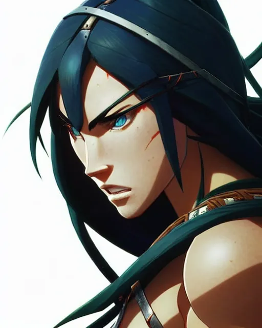 Image similar to azctec warrior, megan fox, detailed perfect face, exquisite details, fire magic, mid view, design on a white background, by studio muti, greg rutkowski makoto shinkai takashi takeuchi studio ghibli