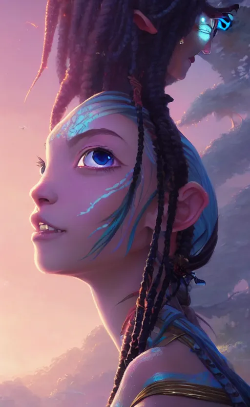 Image similar to highly detailed portrait of beautiful princess in avatar, stephen bliss, unreal engine, fantasy art by greg rutkowski, loish, rhads, ferdinand knab, makoto shinkai and lois van baarle, ilya kuvshinov, rossdraws, tom bagshaw, global illumination, radiant light, detailed and intricate environment