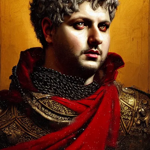 Image similar to detailed portrait of emperor nero, old roman style, non - reflective red cloak, decorated with traditional roman ornaments by ismail inceoglu dragan bibin hans thoma greg rutkowski alexandros pyromallis nekro rene maritte illustrated, perfect face, fine details, realistic shaded, fine - face, pretty face