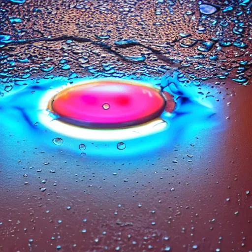 Image similar to a raindrop creating a splash in a puddle which is surrounded by the neon light of a big city, ultrarealistic hd 8k