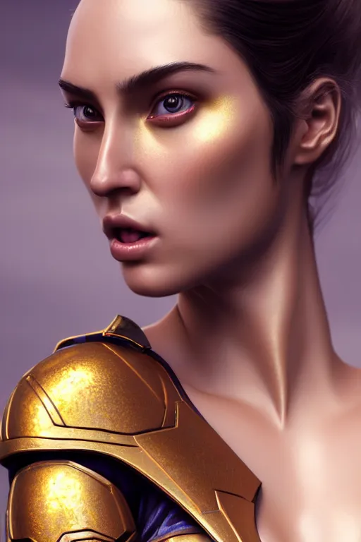 Prompt: professional digital art of a hyper realistic and highly detailed beautiful woman in a beautiful complex and sexy golden armor. girl's face is hyper realistic, symetric, and highly detailed. head and shoulders view. greg rutkowski, zabrocki, karlkka, jayison devadas, intricate, trending on artstation, 8 k, unreal engine 5, pincushion lens effect