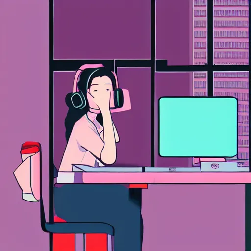 Image similar to illustration of female japanese student in profile, sat at her desk, her face lit by the computer screen, wearing headphones, japan, window, tokyo, neon lights outside , Hayao Miyazaki