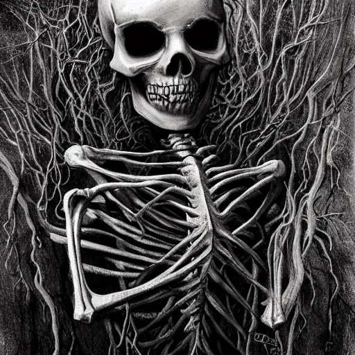 Prompt: award - winning painting of a skeleton infested with pitch black, tar - like, shadow roots with lots of tendrils on the skin, black veins, intricate detail, deep black roots, infestation, shadowy, lovecraftian, beksinksi, black and white, chiaroscuro, full body shot