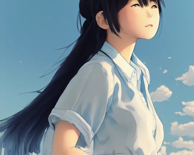 Image similar to teen looking at blue sky, wearing white shirt, back turned, looking up, illustration, by pine ( ハイネ ) and 薯 子 imoko and 香 川 悠 作 and wlop and maya takamura, highly detailed, trending artstation, pixiv, digital art