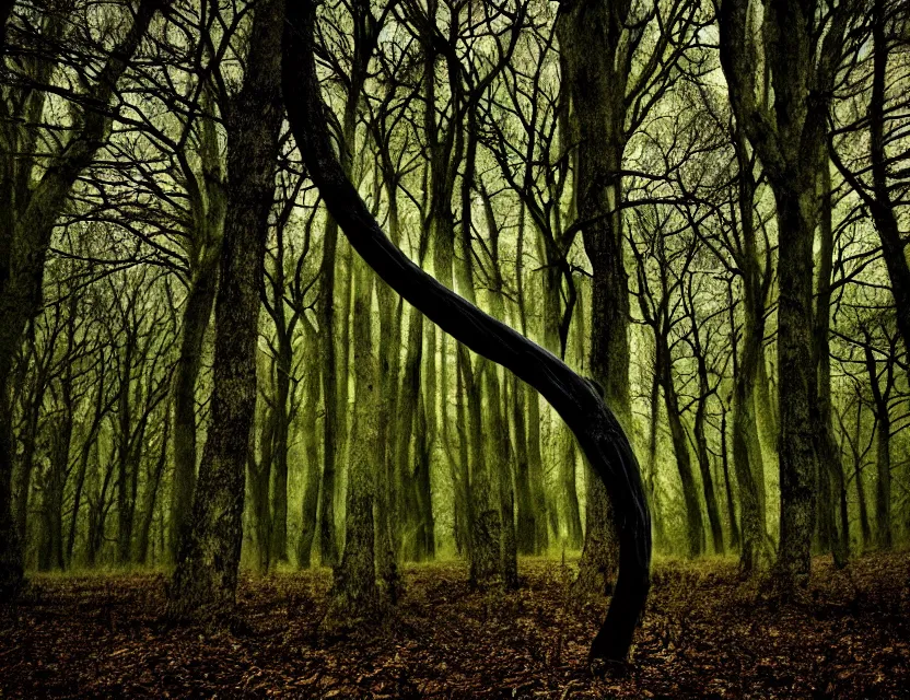 Prompt: a bent tree in the spooky woods, in the style of tim burton