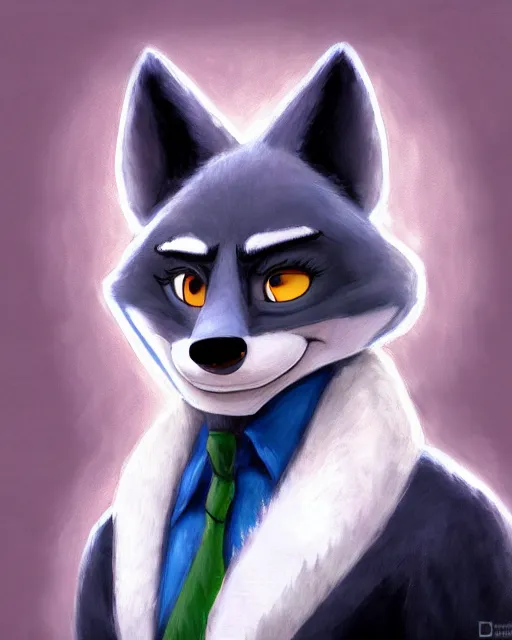 Image similar to dark oil painting of anthromorphic female wolf, in style of zootopia, zootopia, zootopia, fursona, furry, furaffinity, 4 k, deviantart, furry art, fursona art, wearing black business suit, business suit, in style of zootopia, wolf fursona, cyberpunk, female, very very very expressive detailed feminine face,