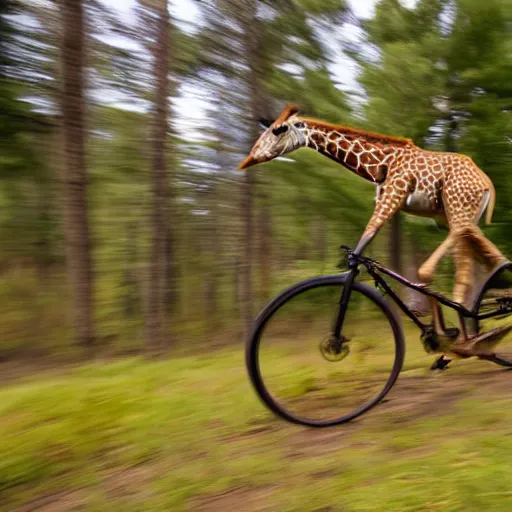 Image similar to An action photo of a giraffe with old school brown pilot goggles riding mountainbike, fast towards the camera, motion blur, high detail, wide shot